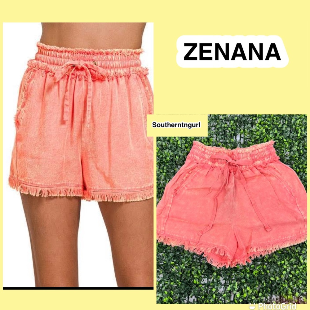 NWT  Zenana  Mineral washed raw hem high waisted pull on Tencel shorts